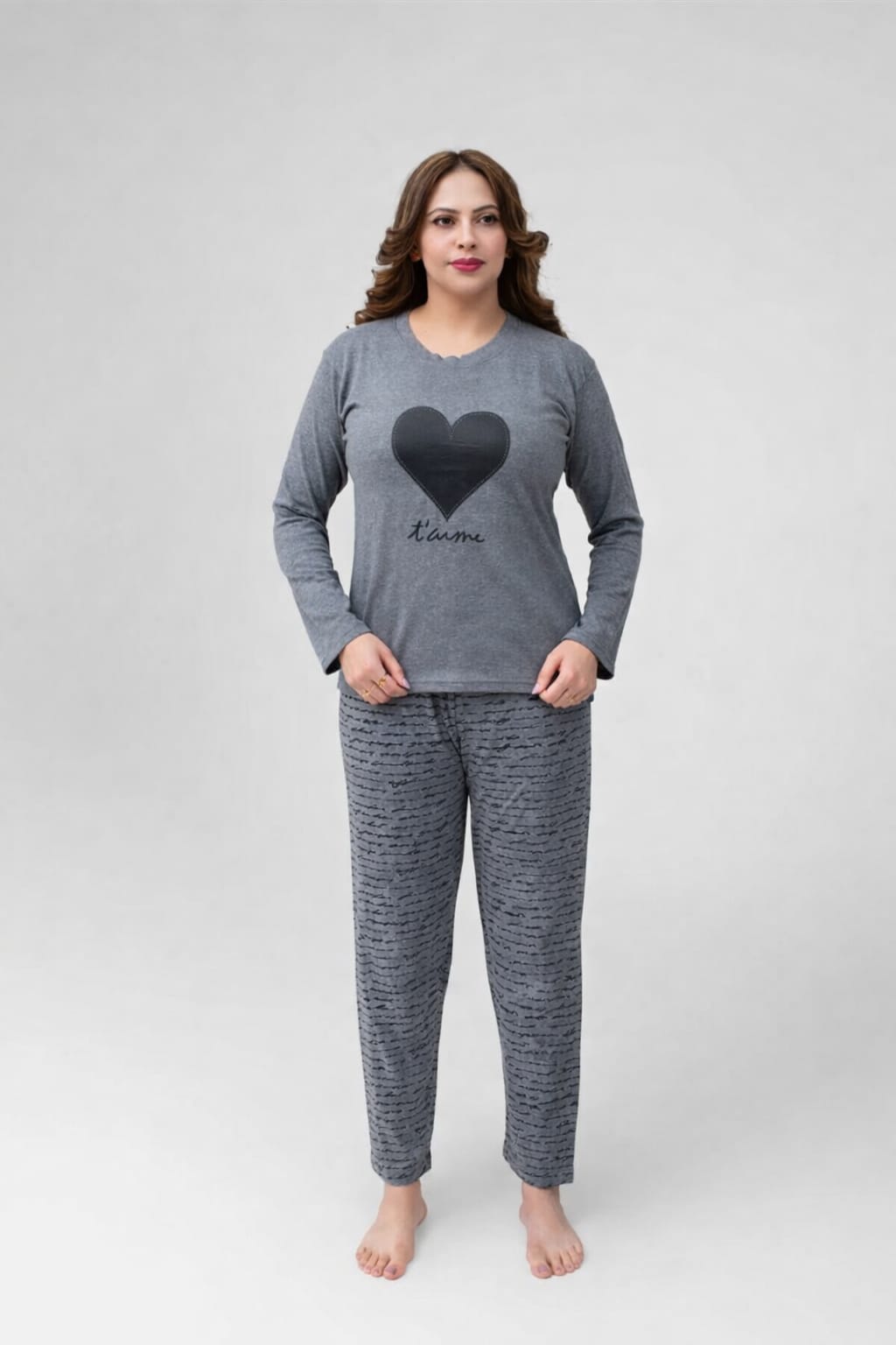 Black Heart Printed Night Suit for Women – Soft & Comfortable Sleepwear Set