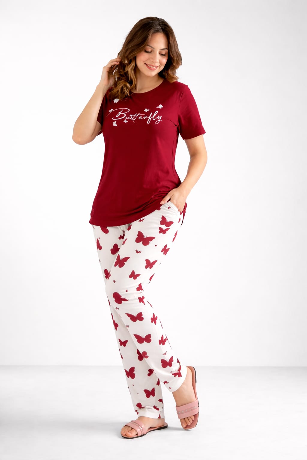 Mehroon Small Butterfly Printed Night Suit for Women