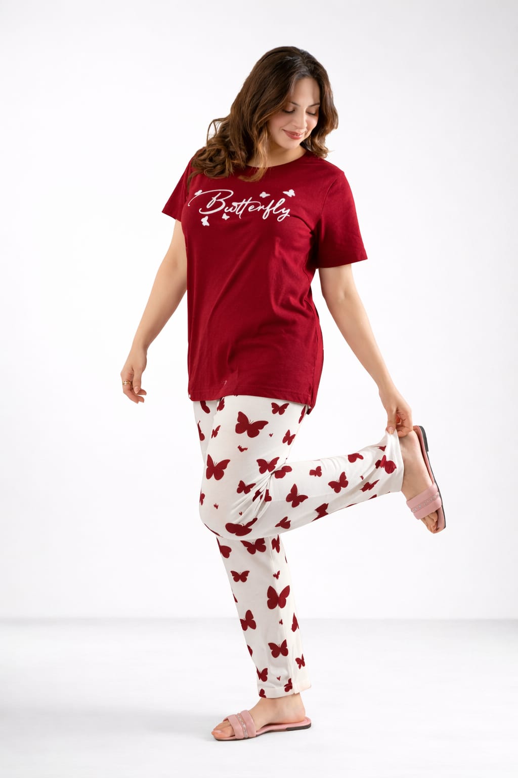 Mehroon Small Butterfly Printed Night Suit for Women