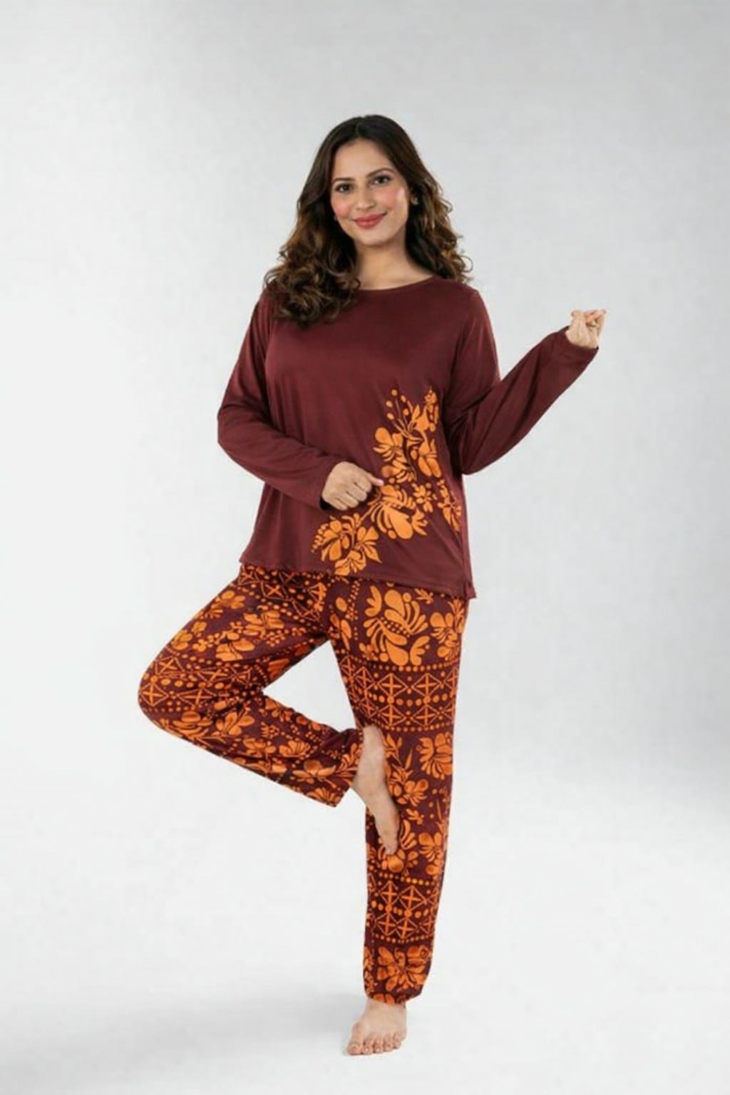 Mehroon Leaves Printed Night Suit for Women – Soft Cotton Comfortable Sleepwear