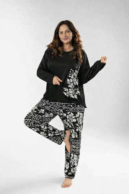 Black Leaves Printed Night Suit for Women