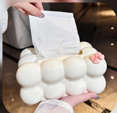 Bubble Bow Tissue Box – Elegant White Decorative Tissue Holder for Home & Car