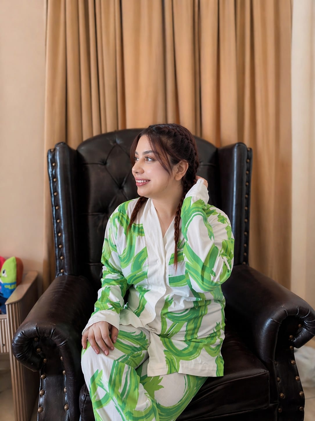 Green Hearts V-Neck Button Night Suit – Soft Printed Sleepwear