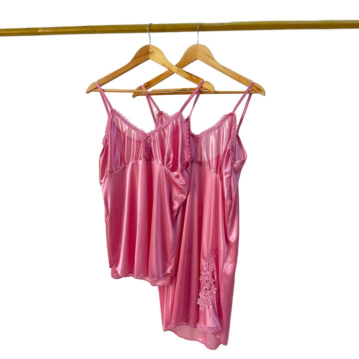 5 Pcs Silk Satin Pajama Set – Lace Cami Top Nightgown Robe Sleepwear