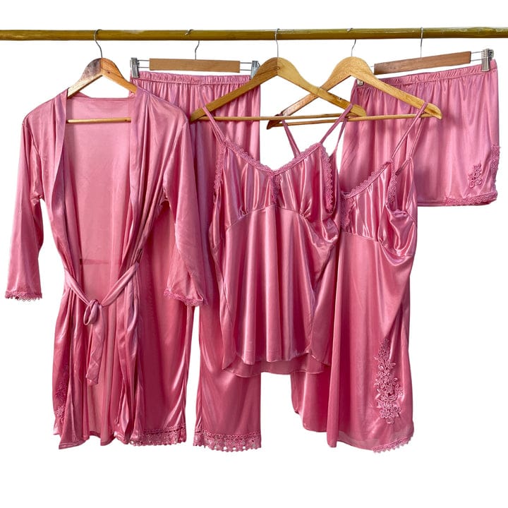 5 Pcs Silk Satin Pajama Set – Lace Cami Top Nightgown Robe Sleepwear