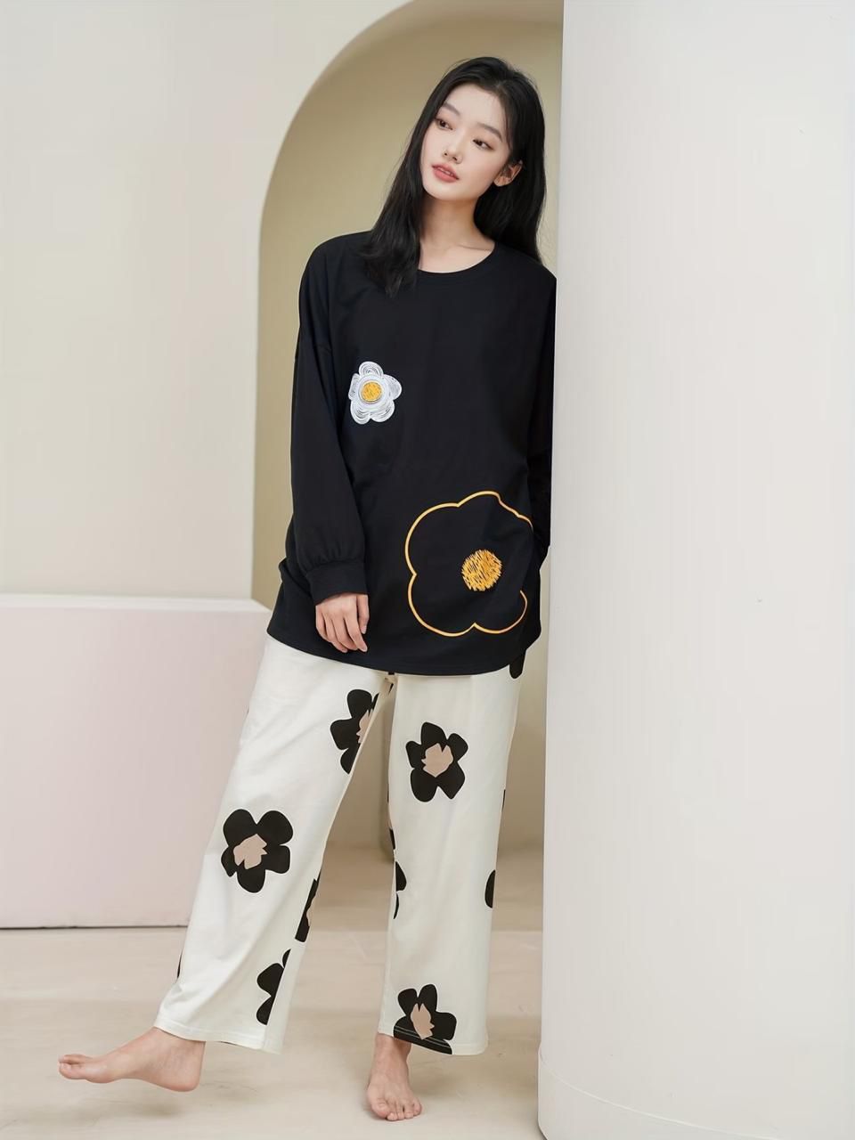 Black Floral Full Sleeves Night Suit