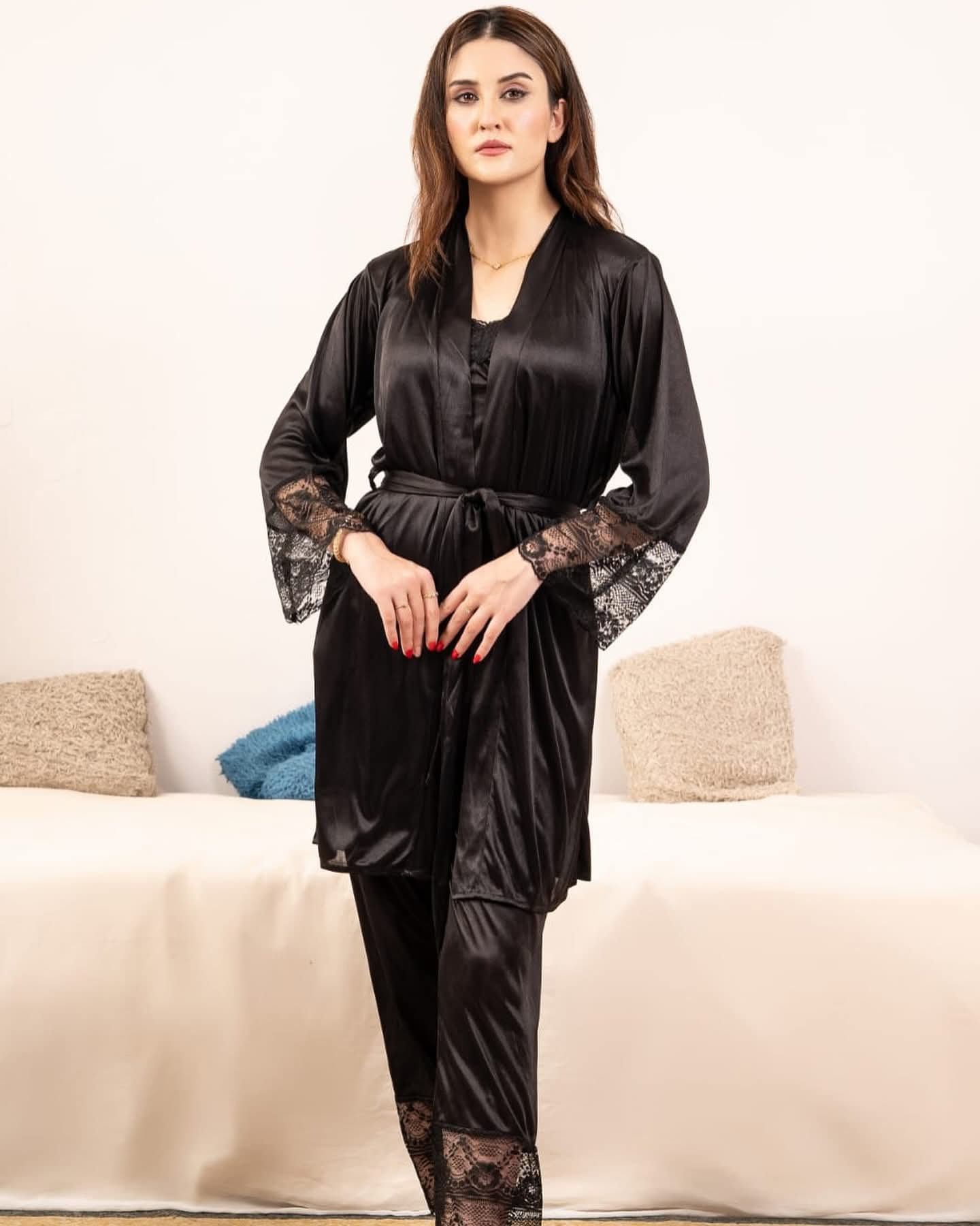 Premium 5 Piece Bridal Nighty Set for women made from imported Lycra Silk Jersey fabric featuring a gown, trouser, shorts, long camisole, and short camisole.