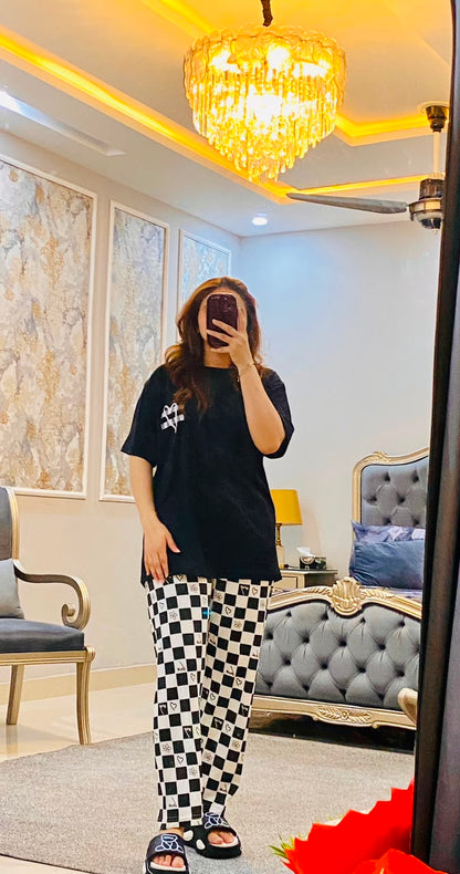Black Check Love Printed Night Suit