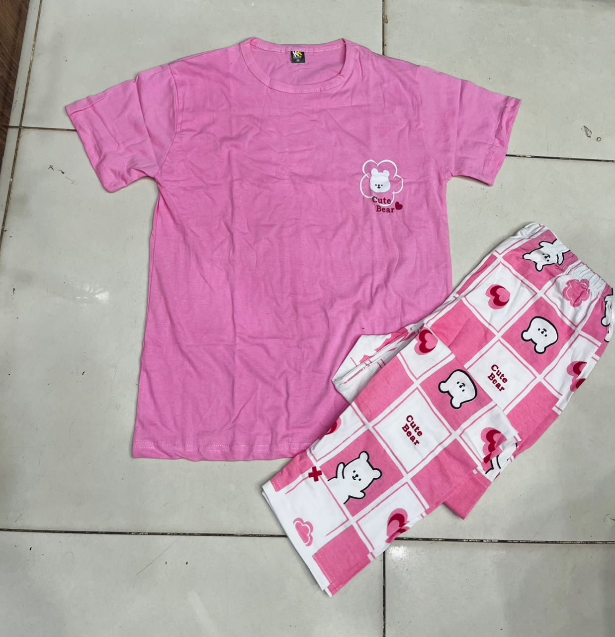 Cute Bear Pink Check Printed Night Suit