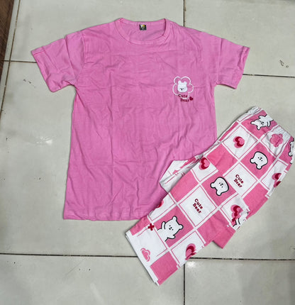 Cute Bear Pink Check Printed Night Suit