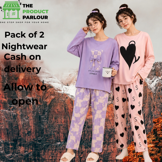 Purple Check Heart & Pink Double Heart Pack of 2 Full Sleeves Night Suits