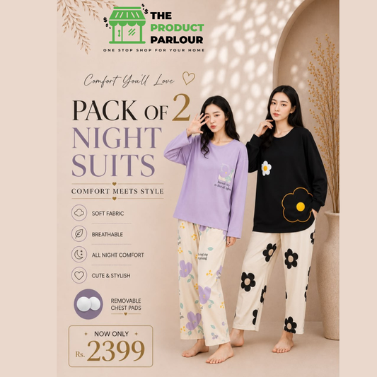 Purple Pocket & Black Flower Pack of 2 Full Sleeves Night Suits