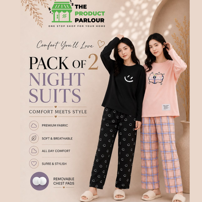 Black Smile & Pink Sharkee Pack of 2 Night Suits for Women