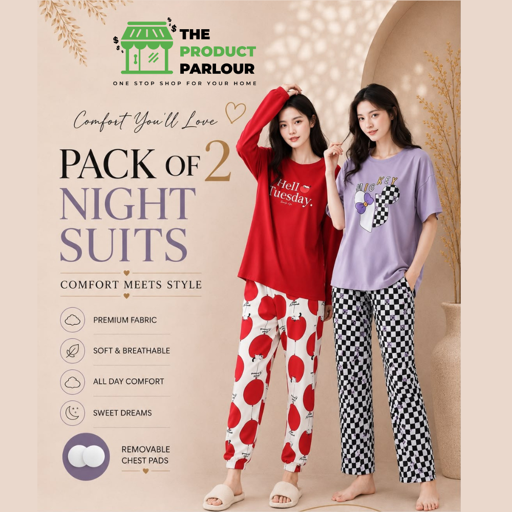 Purple Check Heart & Red Hello Tuesday Pack of 2 Night Suits for Women