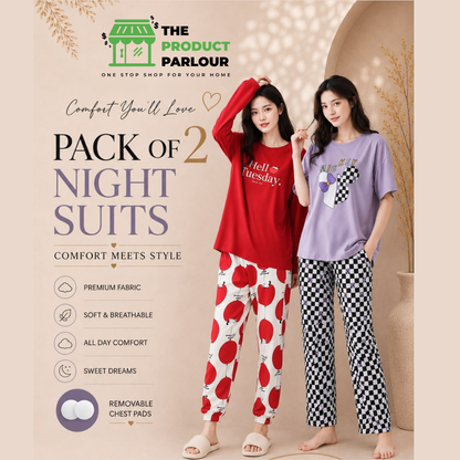 Purple Check Heart & Red Hello Tuesday Pack of 2 Night Suits for Women