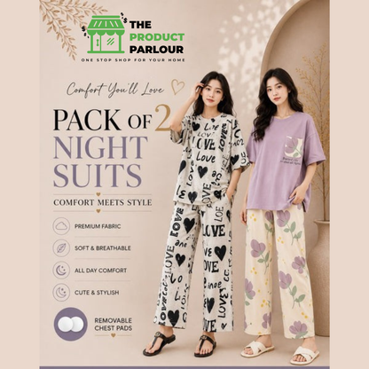 Cream Big Love & Purple Pocket Pack of 2 Night Suits for Women –