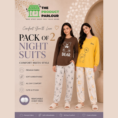 Brown Bear & Yellow Love Pack of 2 Night Suits for Women