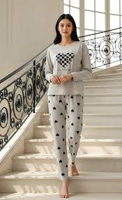 Women's Grey Puzzle Heart Printed Night Suit featuring soft breathable cotton fabric and a stylish puzzle heart print for comfortable all-season sleepwear.