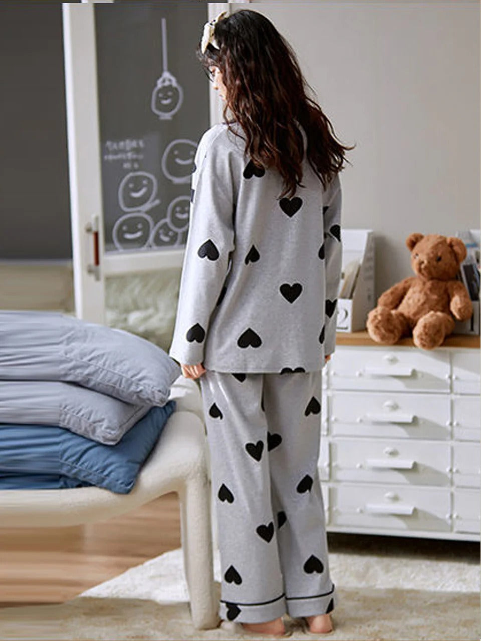 Grey Black Multi Heart Printed Night Suit – Soft Cotton Sleepwear