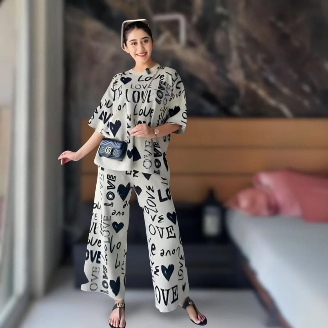 Drop Shoulder Love Printed Night Suit – Soft Comfortable Sleepwear