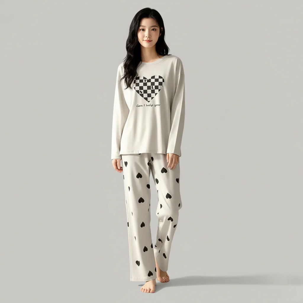 Grey Puzzle Heart Printed Night Suit – Soft Cotton Sleepwear