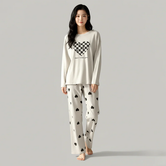 Grey Puzzle Heart Printed Night Suit