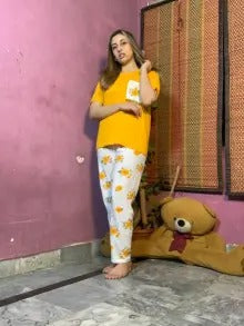 Yellow Flower Printed Night Suit – Premium Cotton Jersey Sleepwear