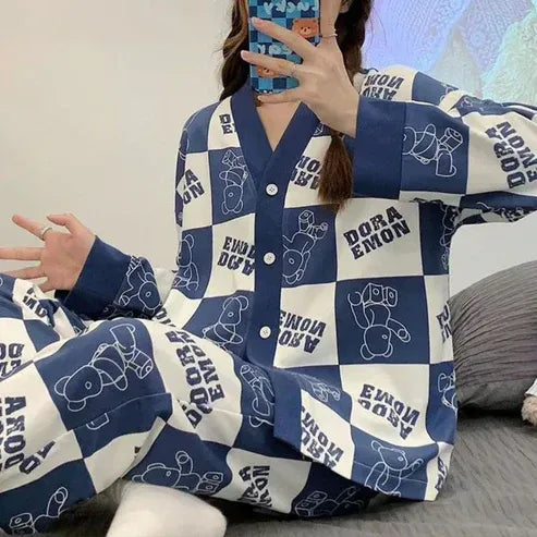 Blue with White Doraemon V-Neck Button Printed Night Suit
