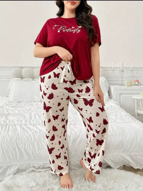 Mehroon Small Butterfly Printed Night Suit for Women