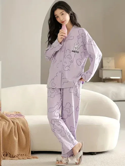 Lilac Love Bunny V-Neck Button Printed Night Suit