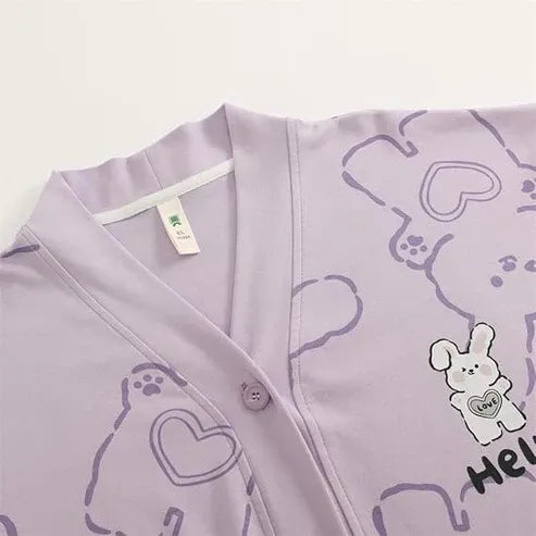 Lilac Love Bunny V-Neck Button Printed Night Suit