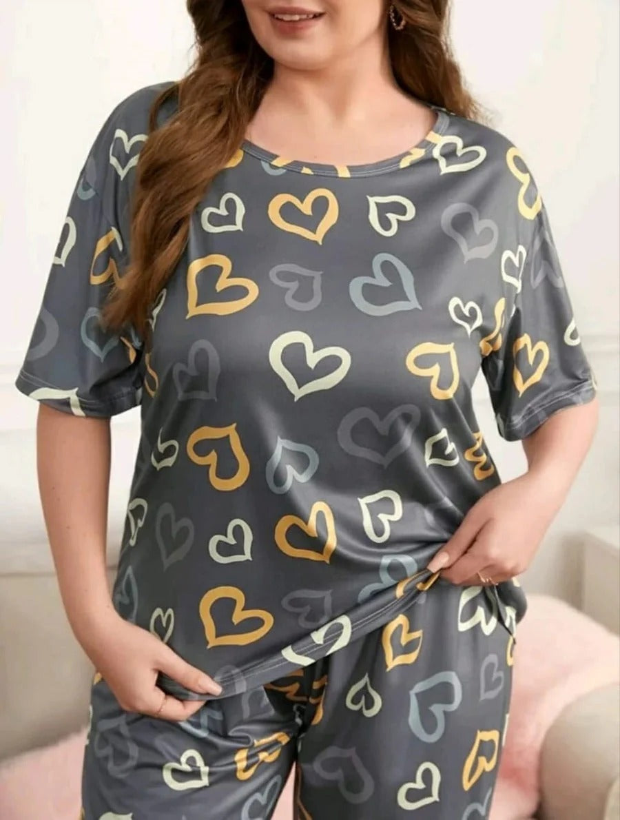Grey Heart Printed Night Suit – Soft Jersey Fabric Sleepwear