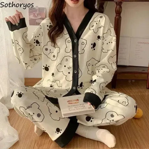 Cream with Black Bears V-Neck Button Printed Night Suit – Soft Cotton Sleepwear