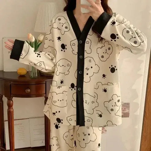 Cream with Black Bears V-Neck Button Printed Night Suit – Soft Cotton Sleepwear
