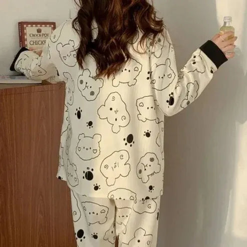 Cream with Black Bears V-Neck Button Printed Night Suit – Soft Cotton Sleepwear