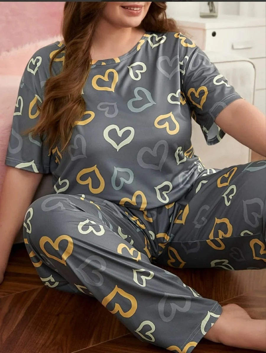 Grey Heart Printed Night Suit – Soft Jersey Fabric Sleepwear
