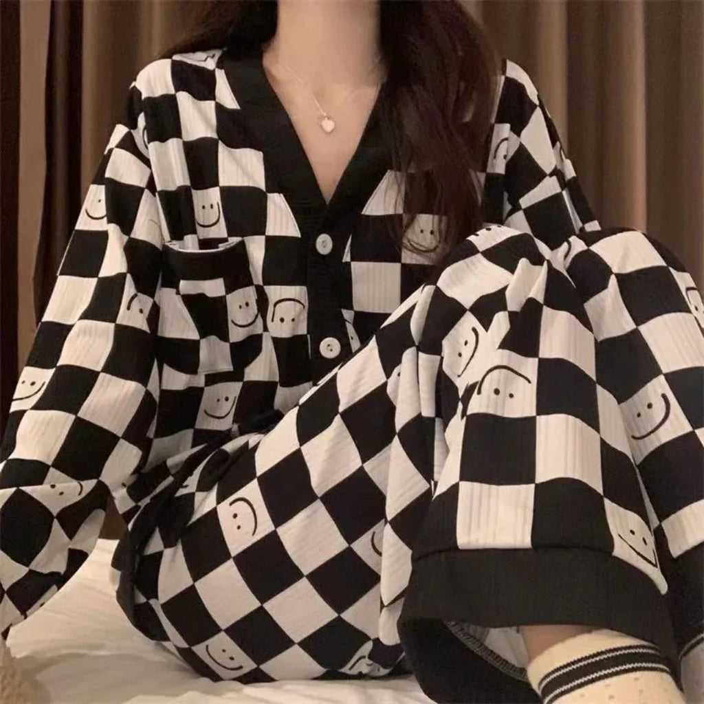 Black with White Smiley V-Neck Button Printed Night Suit