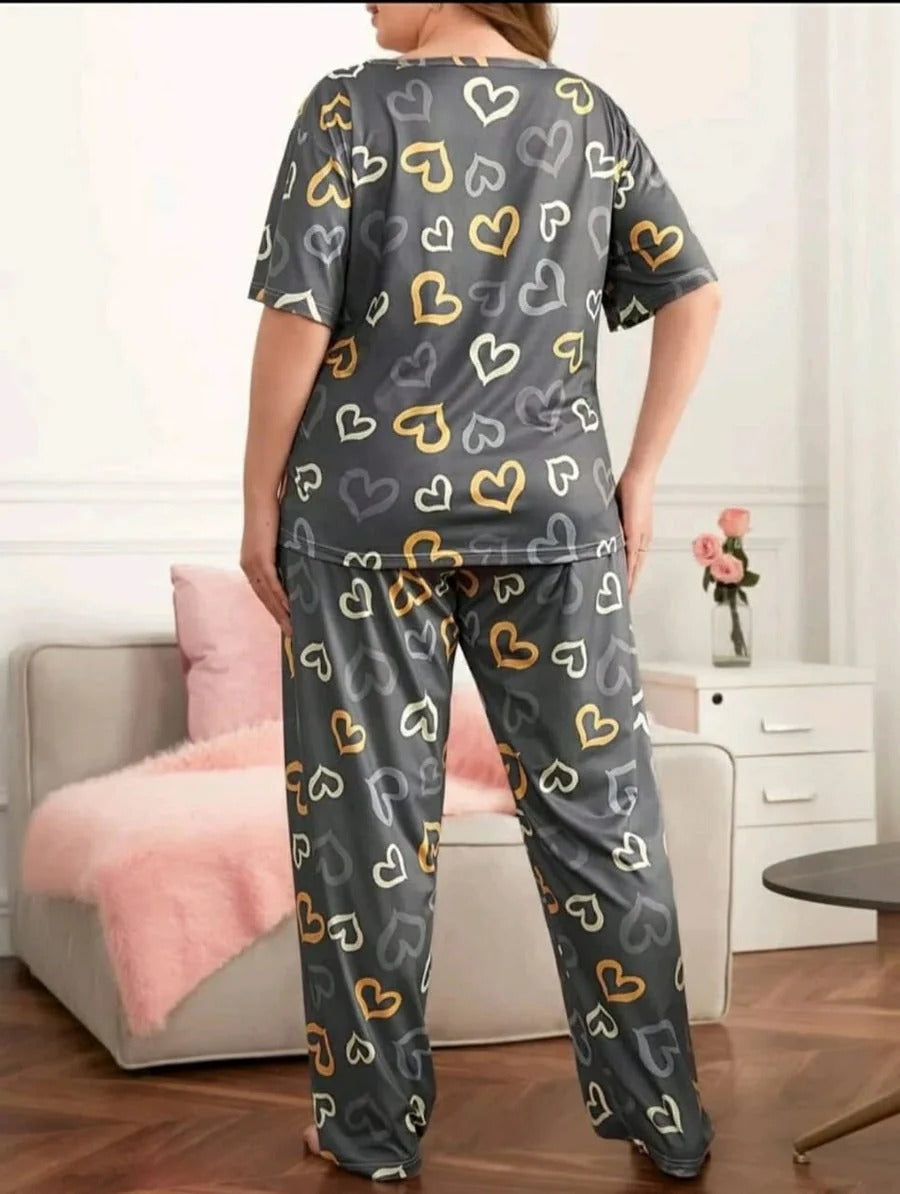 Grey Heart Printed Night Suit – Soft Jersey Fabric Sleepwear