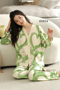 Green Hearts V-Neck Button Night Suit – Soft Printed Sleepwear