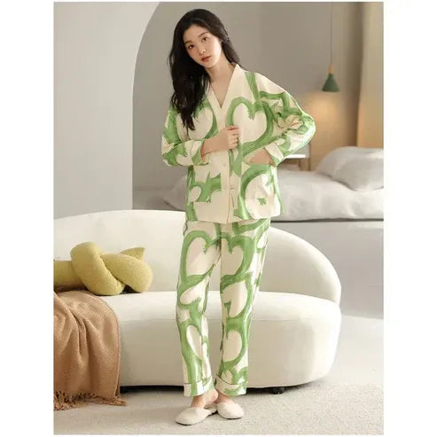 Green Hearts V-Neck Button Night Suit – Soft Printed Sleepwear