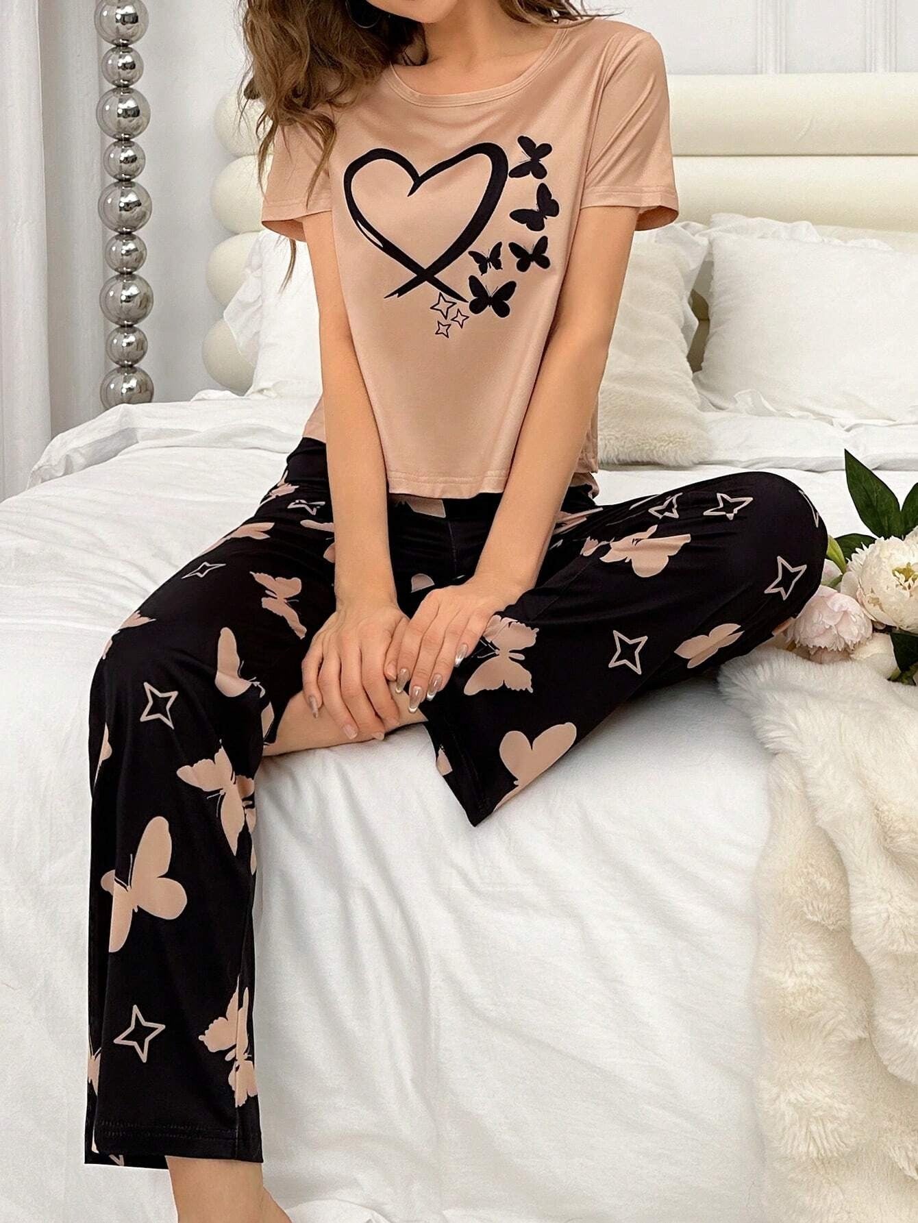 Heart & Butterfly Printed Night Suit – Soft Jersey Fabric Sleepwear