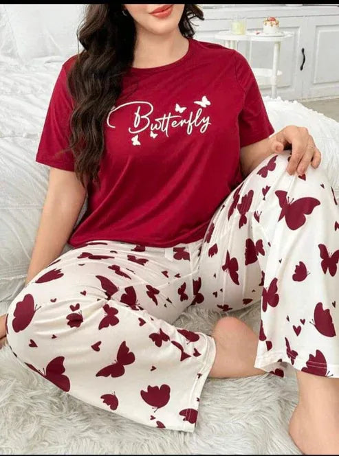 Mehroon Small Butterfly Printed Night Suit for Women
