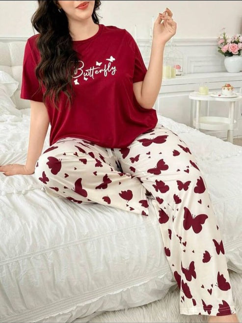 Mehroon Small Butterfly Printed Night Suit for Women