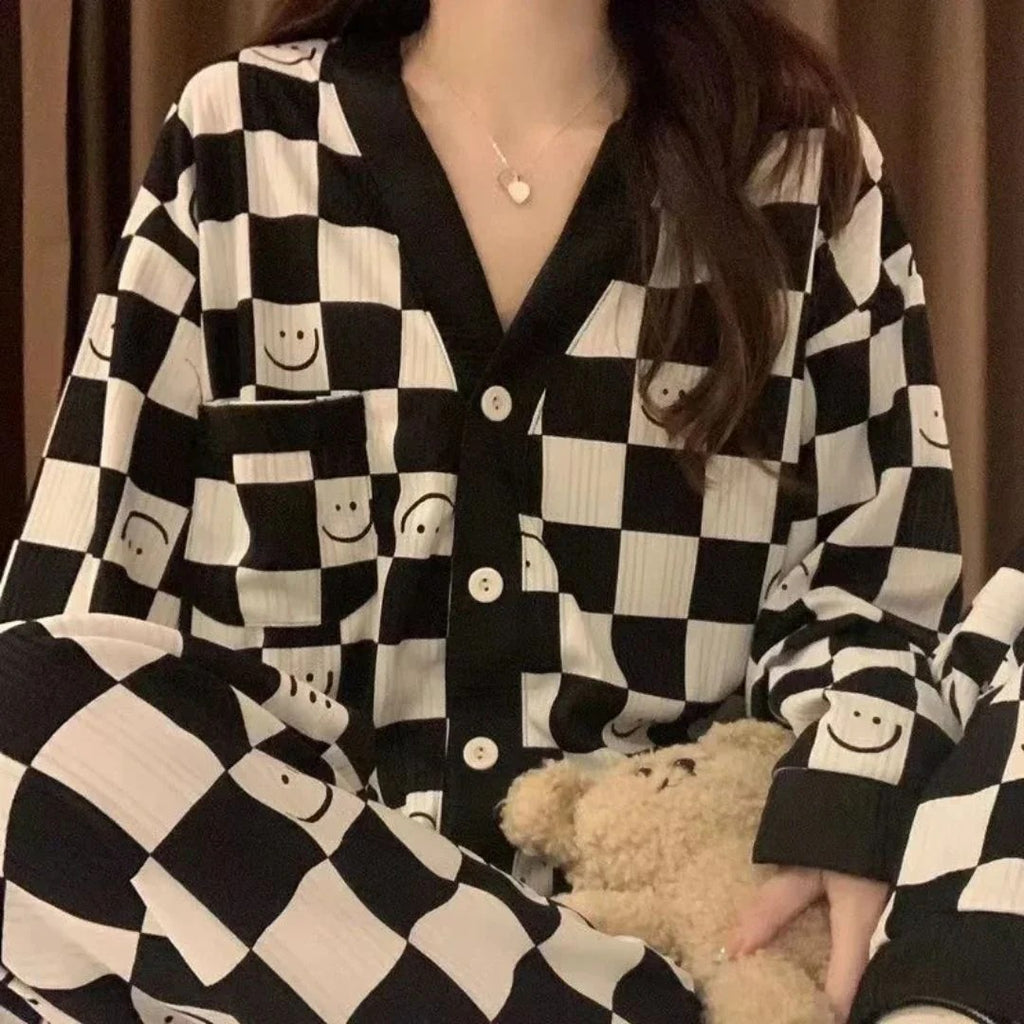Black with White Smiley V-Neck Button Printed Night Suit