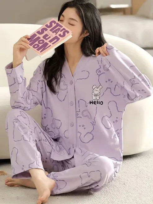 Lilac Love Bunny V-Neck Button Printed Night Suit