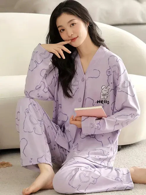 Lilac Love Bunny V-Neck Button Printed Night Suit