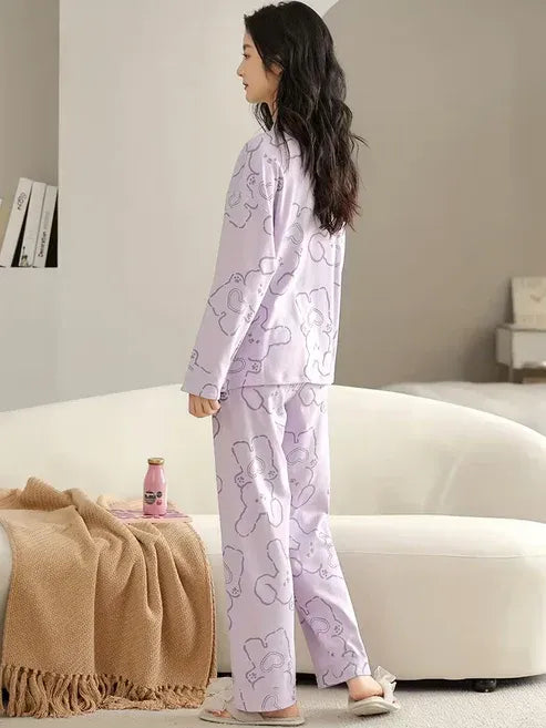 Lilac Love Bunny V-Neck Button Printed Night Suit