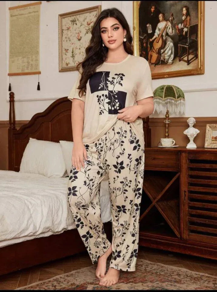 Cream Leaf Printed Night Suit – Half Sleeves Soft Comfortable Sleepwear