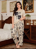 Cream Leaf Printed Night Suit – Half Sleeves Soft Comfortable Sleepwear