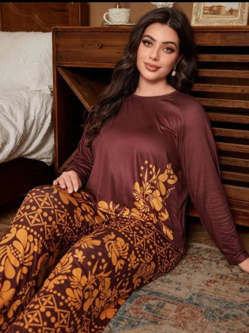 Mehroon Leaves Printed Night Suit for Women – Soft Cotton Comfortable Sleepwear